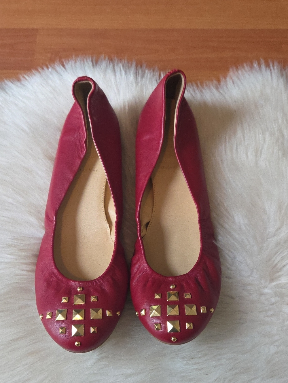 J. Crew Italy Moroccan Cece Red Leather Ballet Flats with Gold Stud Sz 7